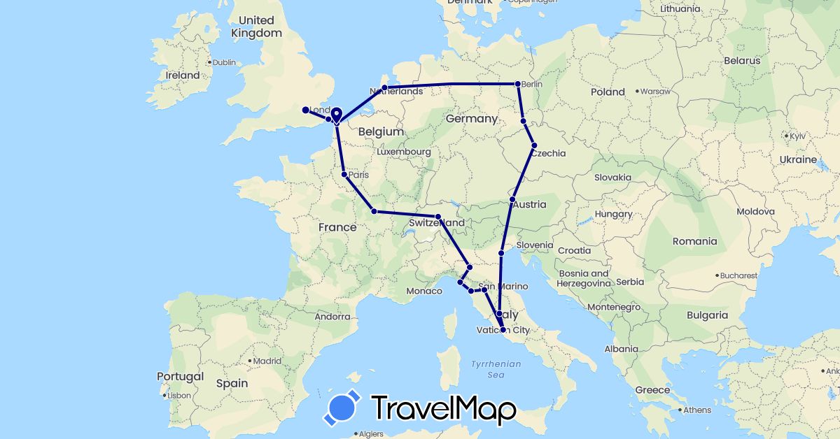 TravelMap itinerary: driving in Austria, Switzerland, Czech Republic, Germany, France, United Kingdom, Italy, Netherlands, Vatican City (Europe)